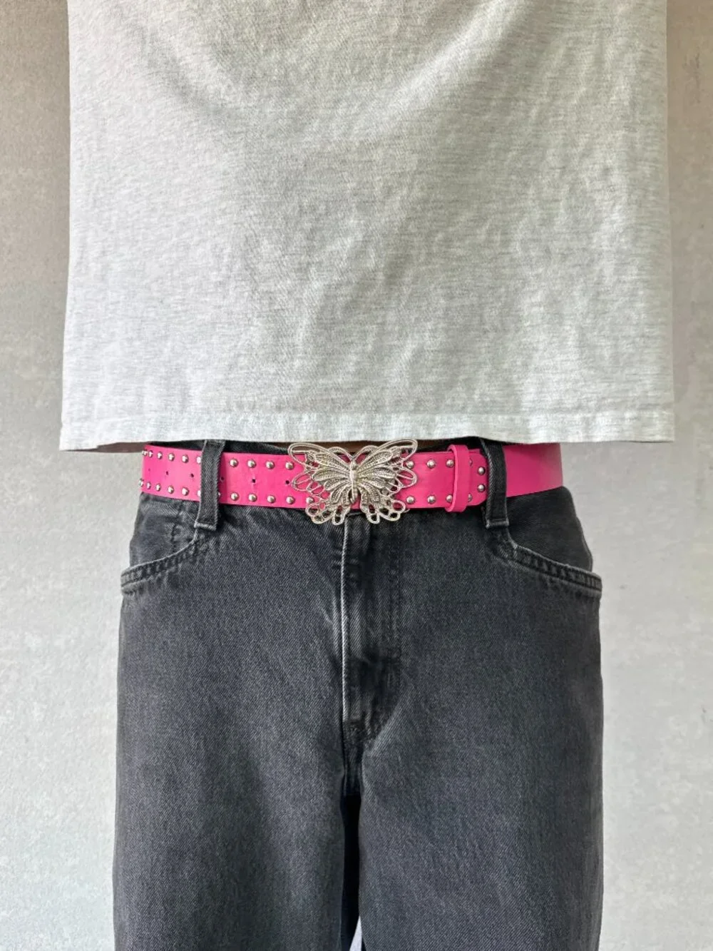 Hot Pink Studded Belt Silver Rhinestone Butterfly Buckle